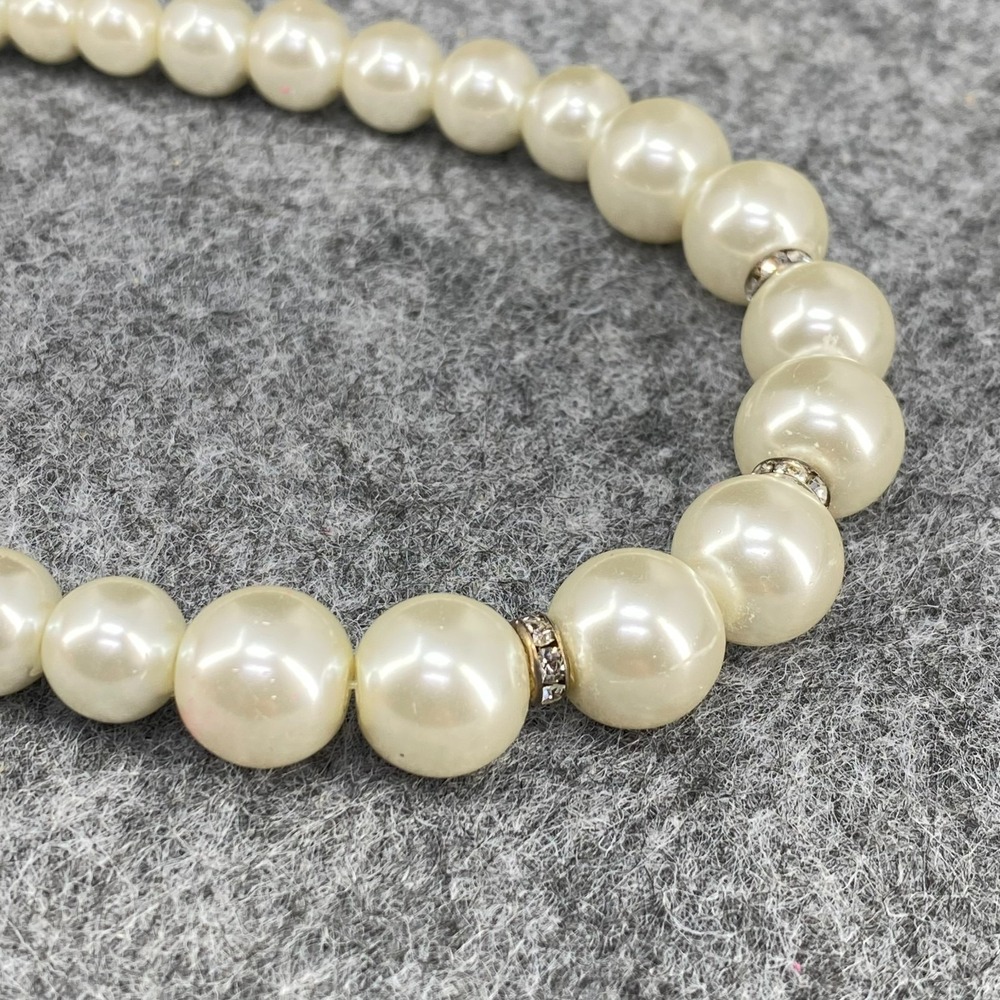 Vintage Faux Pearl Necklace White Rhinestone Spacers Gold Tone 18in Adjustable